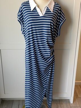 Grace Karin Blue and White Striped Polo Collar Maxi Dress Women’s Size 2XL NWT